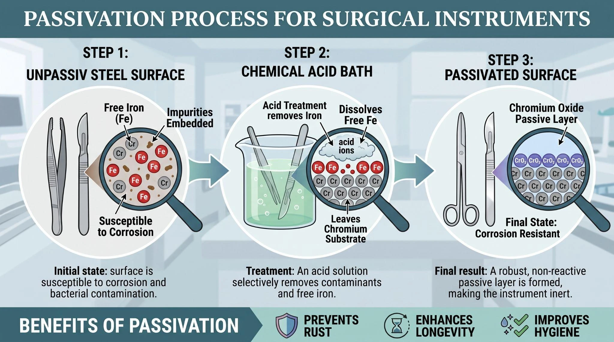 Infografica sul processo di passivazione chimica dello strumentale chirurgico